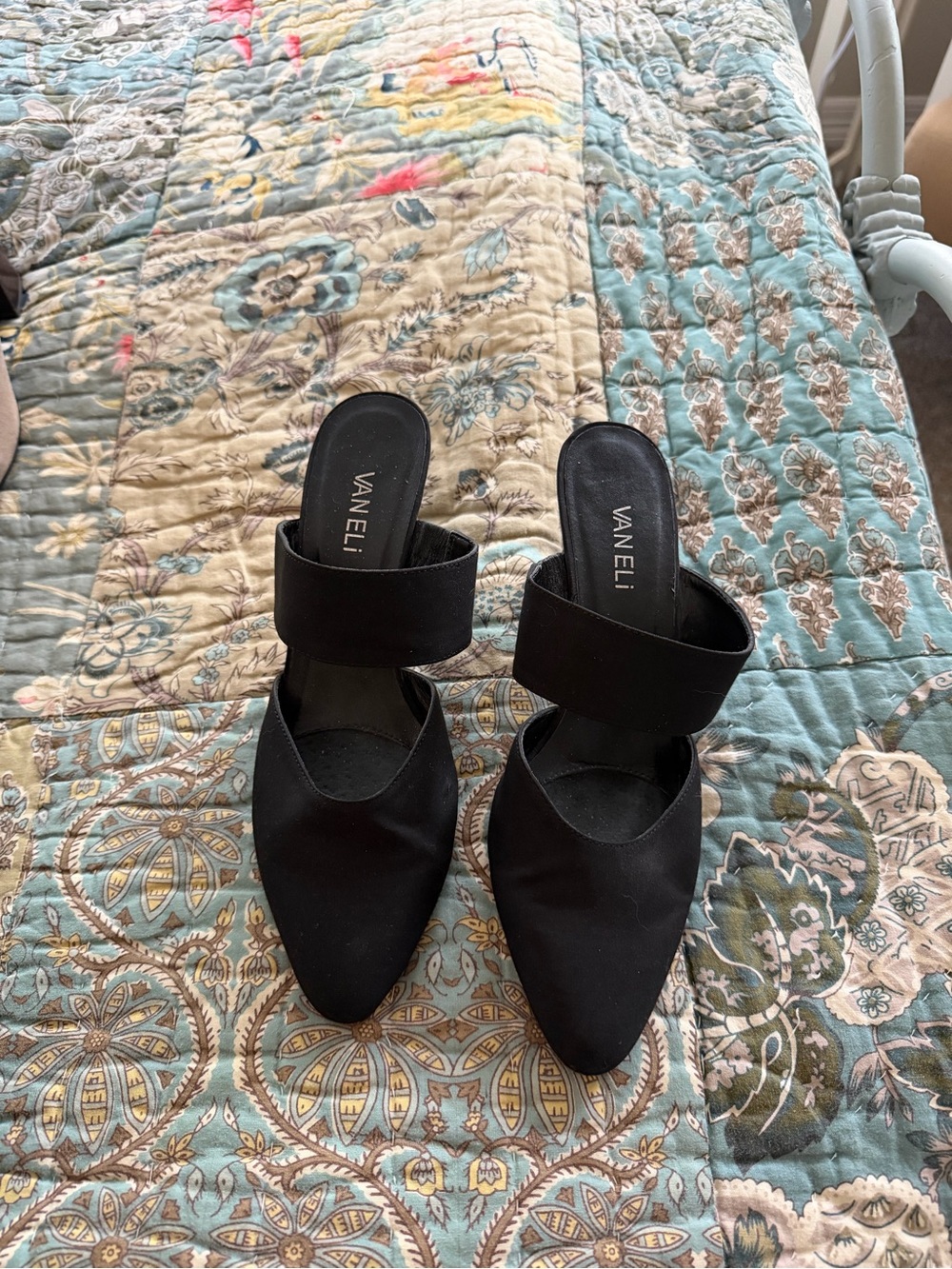 Vaneli Black Pointed Slip-On Mules with Wide Strap